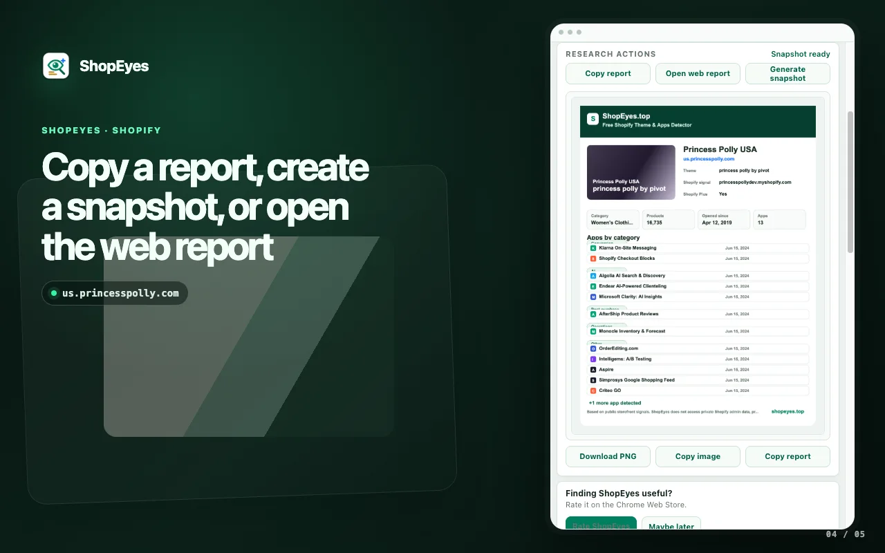 ShopEyes extension window showing report, snapshot, and web research actions