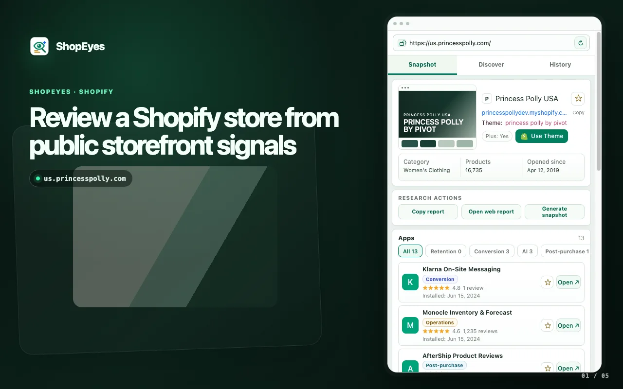 ShopEyes Chrome extension showing Shopify app and theme detection in an extension window