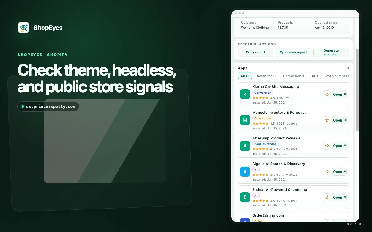 ShopEyes extension window showing Shopify theme and store signals
